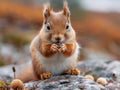 A red squirrel sitting on a rock eating nuts Royalty Free Stock Photo