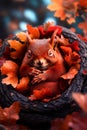 A red squirrel sleeping in a pile of leaves Royalty Free Stock Photo