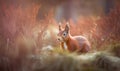 a red squirrel is standing in a field of tall grass and grassbrushes, with a blurry background of the grass and the ground Royalty Free Stock Photo