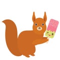 Red squirrel with strawberry-pistachio ice cream, ice lolly Kawaii with pink cheeks and winking eyes, pastel colors on white Royalty Free Stock Photo
