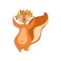Red Squirrel Wearing Autumn Wreath Humanized Cartoon Cute Forest Animal Character Childish Illustration