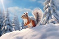 Red squirrel in winter forest. Beautiful winter light, blurred trees in the background Royalty Free Stock Photo