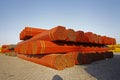 Red stacked steel pipe