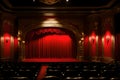 red stage closed curtain with spotlight, theater with red chairs, empty theater gold interior design