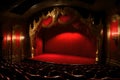 red stage closed curtain with spotlight, theater with red chairs, empty theater gold interior design Royalty Free Stock Photo