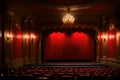 red stage closed curtain with spotlight, theater with red chairs, empty theater gold interior design Royalty Free Stock Photo