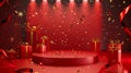 A red stage with confetti and presents