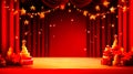 Red stage with red curtain and red carpet with gold stars. Generative AI