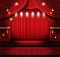 Red Stage Curtain with Seats and Spotlights. Royalty Free Stock Photo