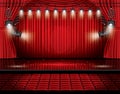 Red Stage Curtain with Spotlights, Seats and Copy Space. Royalty Free Stock Photo