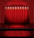 Red Stage Curtain with Spotlights, Seats and Copy Space. Royalty Free Stock Photo