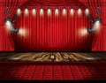 Red Stage Curtain with Spotlights, Seats and Copy Space. Royalty Free Stock Photo