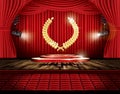 Red Stage Curtain with Spotlights, Seats and Golden Laurel Wreath. Royalty Free Stock Photo