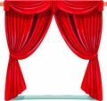 Red stage curtain vector illustration. Theater, opera scene drape backdrop, concert grand opening or cinema premiere backstage, Royalty Free Stock Photo