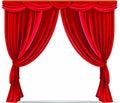 Red stage curtain vector illustration. Theater, opera scene drape backdrop, concert grand opening or cinema premiere backstage, Royalty Free Stock Photo