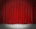 Red stage curtain and wooden floor, background Royalty Free Stock Photo