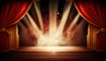 Red Stage Curtain and Wooden Stairs Theater with Spotlights