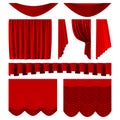 Red stage curtains. Realistic theater stage decoration, dramatic red luxurious curtains. Scarlet silk velvet curtains