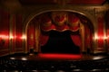 red stage open curtain with spotlight, theater with red chairs, empty theater gold interior design