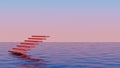 Red staircase floating above the ocean.Abstract minimal surreal background.3d rendering illustration
