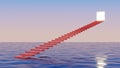 Red staircase floating above the ocean.Step to heaven door.Abstract minimal surreal background.3d rendering illustration