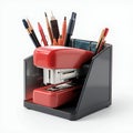 Red Stapler in Gray Organizer with Assorted Writing Utensils on White Background Royalty Free Stock Photo
