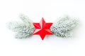 Red star and green fir branch on white background, holiday composition Royalty Free Stock Photo