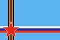 Red star of Russian armed forces with intersection St. George ribbon and Russian flag on blue background