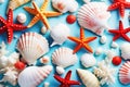 Red starfish, beautiful textured white shells on a blue background. The concept of recreation, tourism, travel Royalty Free Stock Photo