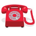 Red stationary phone with rotary dial.