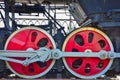 red steam locomotive wheels, metal wheels of old steam locomotive
