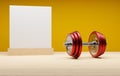 Red steel dumbbells on a yellow background