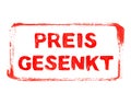 Red stencil frame with grunge text in german language: Reduced Price