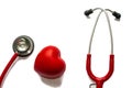 Red stethoscope and heart isolated on white background.Medicine concept. Diagnosis and treatment in cardiology