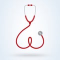 Red Stethoscope in Shape of Heart. Doctor tool for examining patients in a hospital. Diagnostic symbol flat. Vector illustration