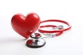 Red stethoscope in shape of heart on a white background. Generative AI Royalty Free Stock Photo