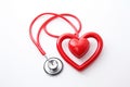 Red stethoscope in shape of heart on a white background. Generative AI Royalty Free Stock Photo