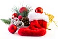 Red stocking with decorations. Royalty Free Stock Photo