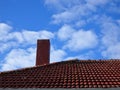 Red Stone Chimney Red Tiled Rood Blue Cloudy Sky Royalty Free Stock Photo