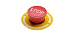 Red stop or panic push button over white background, emergency, security or safety concept