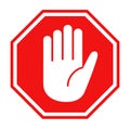 Red stop sign with big hand symbol icon vector illustration