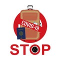 Red Stop sign, covid-19 pandemic. Ban on flights, travels and movements. Global virus. Health care concept. Coronavirus quarantine Royalty Free Stock Photo