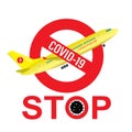 Red Stop sign, covid-19 pandemic. Ban on flights, travels and movements. Global virus. Health care concept