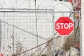 Red stop sign in front of a fence Royalty Free Stock Photo