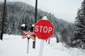 Red stop sign on the railway crossing Royalty Free Stock Photo