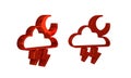 Red Storm icon isolated on transparent background. Cloud with lightning and moon sign. Weather icon of storm.