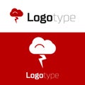 Red Storm icon isolated on white background. Cloud and lightning sign. Weather icon of storm. Logo design template element. Vector Royalty Free Stock Photo