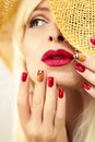 Red straw nail design. Royalty Free Stock Photo