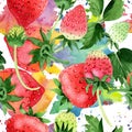 Red strawberries wild fruit. Seamless background pattern. Fabric wallpaper print texture. Royalty Free Stock Photo