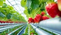 Red Strawberries ripe fruits branches close-up photo in modern Hydroponics Horticulture farm daylight greenhouse. Advantages of